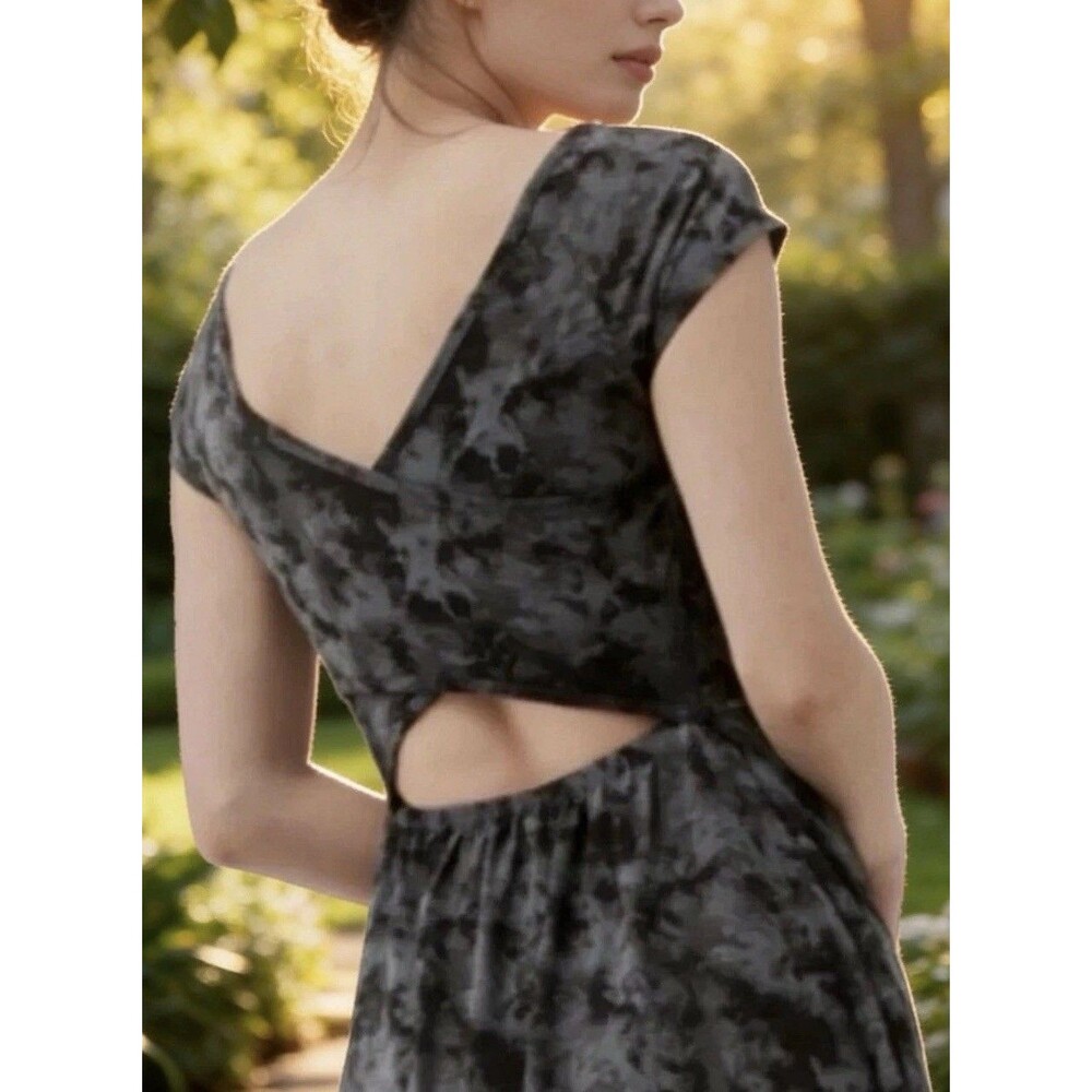 Pact Organic Cotton Dark Cloud Blue Black Fit Flare Dress  Back Detail SZ L
